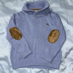 Pecesa Blue cotton Sweater with Brown Elbow Patches, cowl neck, boys sz 5 - Picture 1 of 8