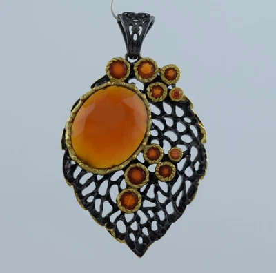 Ciondolo FOGLIA pietra preziosa corniola naturale argento 925 placcato oro... - Immagine 1 di 4