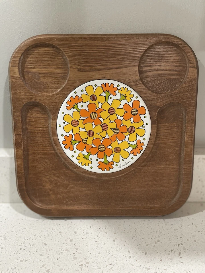 复古 70 年代 Goodwood MCM 餐盘木质陶瓷瓷砖 Charcuterie — 第 1/2 张图片