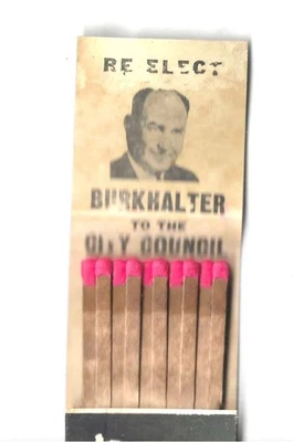1960s RE-ELECT BURKHALTER CITY COUNCIL Vintage *AD MATCHBOOK* Good Cond DODGERS - Bild 1 von 2