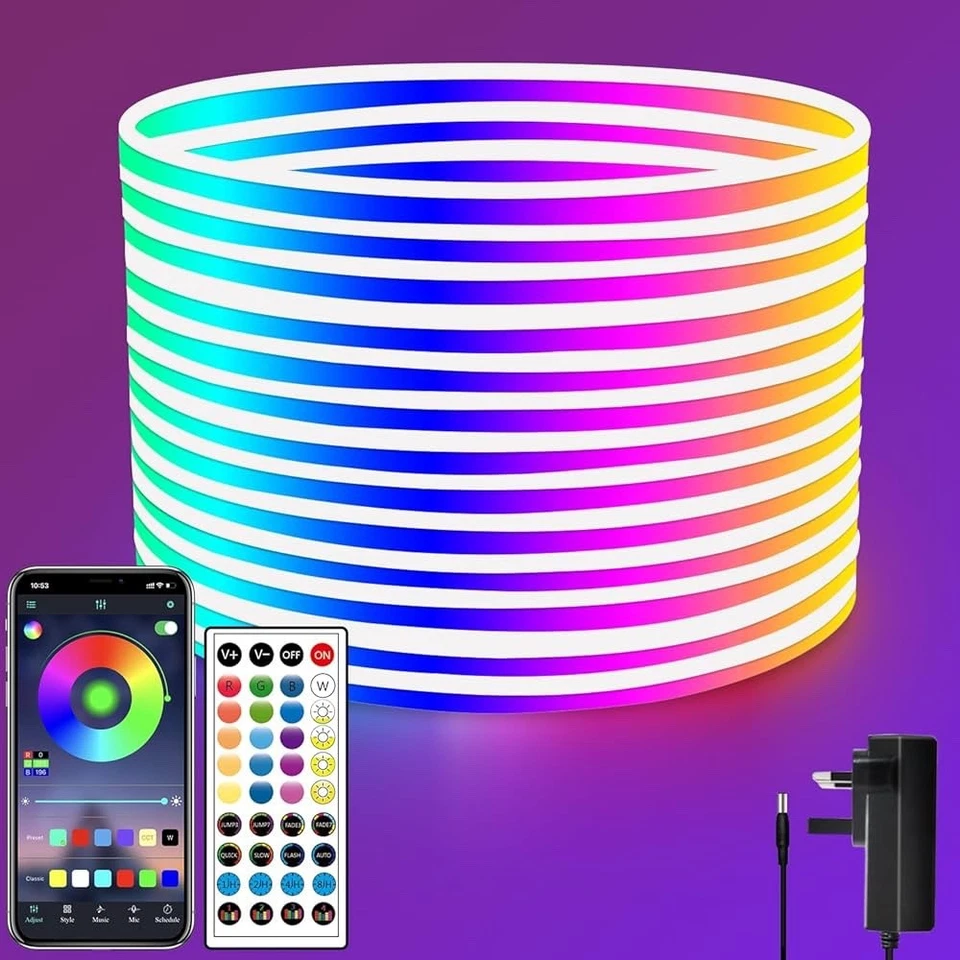 Segrass Flexible LED Neon Lights Strip 10M 24V RGB with Remote,App Control, IP65