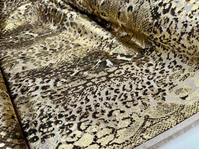 Metallic Snake Skin Print Python Leopard Fabric Linen Look 140cm wide - Gold - Image 1 of 4