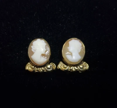 C&C 12k Gold Filled Carved Cameo Earrings Screw Backs Signed Vintage - Image 1 of 4