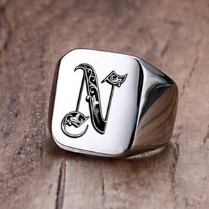 Royal Initial Signet Ring Male Stamp Band Stainless Steel Letter Customized Gift - Picture 1 of 40