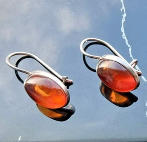 925 STERLING SILVER NATURAL OVAL 12x8 mm.  BALTIC AMBER DANGLE EARRINGS - Picture 1 of 9