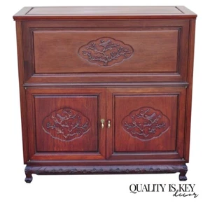 Vintage Chinese Carved Hardwood Bar Liquor Cabinet Console with Mirrors - Picture 1 of 13