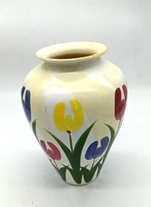 Vintage Hand Painted Large Ceramic 10" Pottery Vase Multicolored Tulip Pattern - Picture 1 of 6