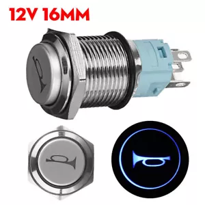 16mm 12V Bouton Poussoir Klaxon Momentané Interrupteur Métal Voiture LED Etanche - Foto 1 di 7