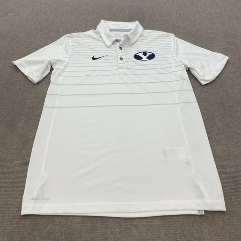 Nike BYU Cougars Football Polo Shirt Men’s Small White Striped College Logo Cover