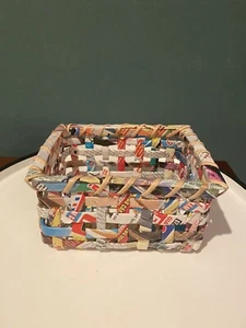 Rectangular Basket Artisan Hand Craft Recycled Magazines Tramp Art - Picture 1 of 7