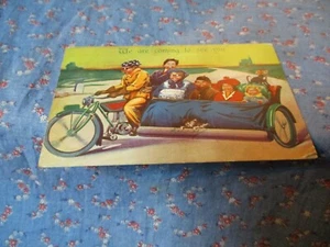 Old Postcard Comic We are coming to see you Motorcycle Huge Sidecar Family Pet - Picture 1 of 2