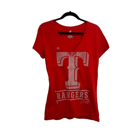 Majestic Texas Rangers MLB V Neck Red Top Short Sleeve Womens Size L Cover