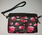 Betsey Johnson XOTALLI Double Zip Wristlet/Pouch/Wallet Black w/ Red Pink Roses
