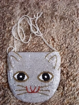 Silver CAT Crossbody Sequin, Beaded Shoulder Purse Bag Double Sided 6"×7" - Image 1 of 4