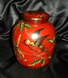 Jarrón urna grande pintado a mano con tapa rojo con hojas de uvas de pájaro urna jarrón contenedor 8" - Imagen 1 de 7