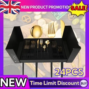 24PC CUTLERY DINNER SET STAINLESS STEEL METAL STAND RACK FORKS TEA SPOONS SET - Picture 1 of 8