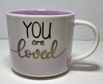 Taza de café "You Are Loved" púrpura blanco con letras doradas taza de té Foto 1 de 4