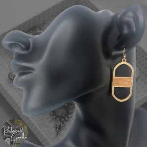 Womens Matte Gold Tan Cork Oval Bar Drop French Hook Dangle Earrings Jewelry - Picture 1 of 5