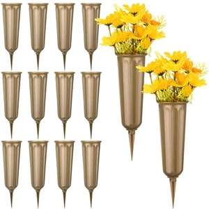 Cemetery Vases with Spikes 12 Pcs Bronze Plastic Memorial Flower Holder - Picture 1 of 7