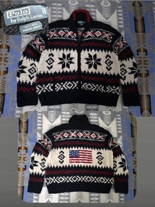 Vintage Polo Ralph Lauren Hand Knit Wool Flag Cardigan Sweater Jacket 2XL Men's  - Picture 1 of 13