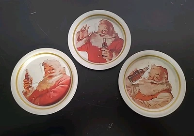 Vintage 90s Coca-Cola Metal Tin Coaster Set of 3 Christmas MCM  Holiday Santa - Image 1 of 4