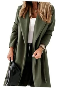 Womens Classic Coat Lapel Collar Open Front Belted Long Jacket Medium Army Green - Picture 1 of 7