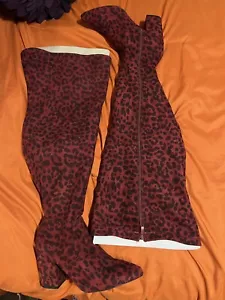 New TORRID Thigh High Stretch Burgundy Leopard Sz 8.5 Boots - Picture 1 of 3