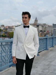 White Tuxedo Suit for Men Satin Lapel Elegant Black Bow Tie Slim Fit Parez Suits - Picture 1 of 9