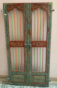 Antique Painted Door With Painted Iron Bars Wooden Hand Carved Indian Furniture - Picture 1 of 7