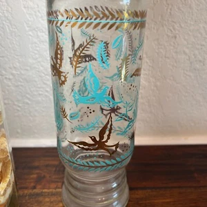 Vintage MCM Glas Apotheker Glas Kork Deckel türkis & gold Vögel 11" hoch Retro Boho - Bild 1 von 8