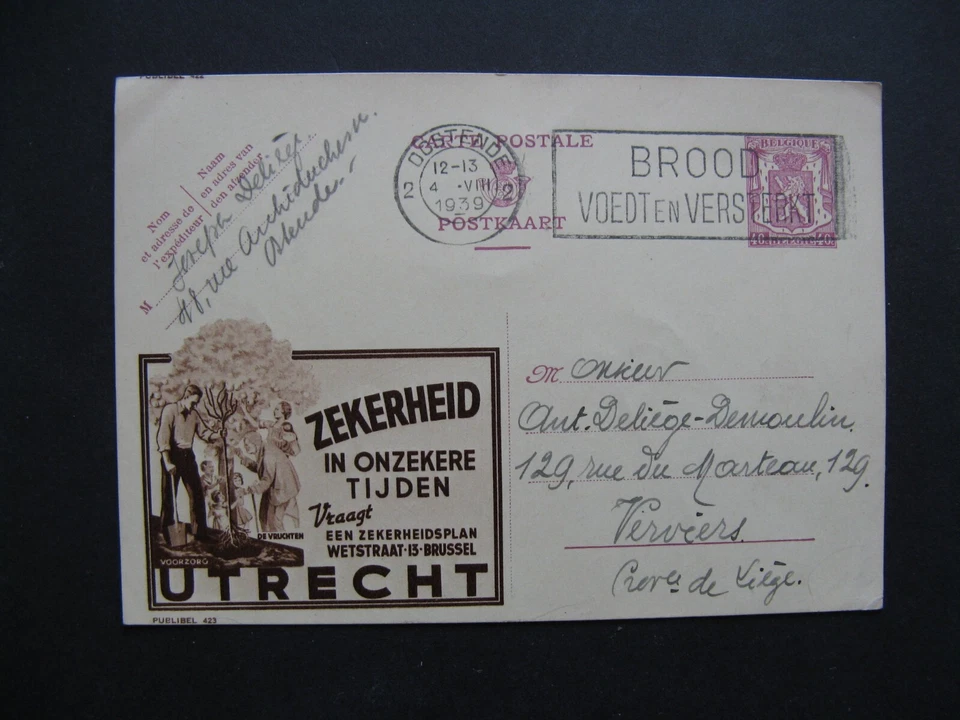 BELGIUM, ill. (tree planting) prestamped PC 1939, slogan canc. Bread - Image 1 of 1