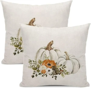 Fall Pillow Covers 18 X 18 Inch Set of 2, Fall Autumn Watercolor Pumpkin Flower - Picture 1 of 7