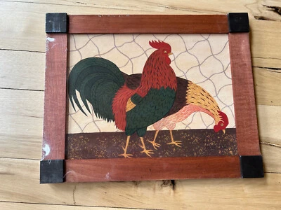Fayre Cooper Farmhouse Folk Art Wood Print Roosters Wood Frame 16" x 20" - Image 1 of 4