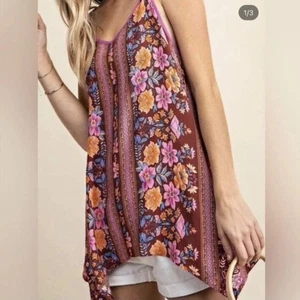 Kori America Floral Boho Shark Bite Tank V-Neck Strappy Back Tank Small - Picture 1 of 9