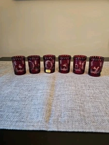 Antique Ruby-Cut to Clear BOHEMIAN Glass Shot Glasses (Set Of 6) - Picture 1 of 13