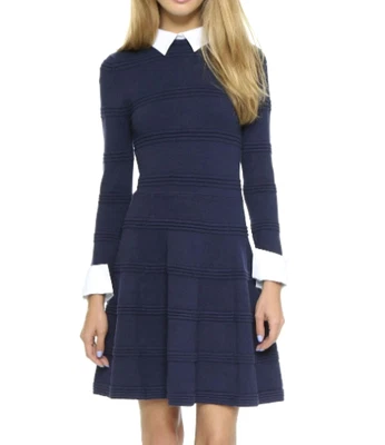 Alice + Olivia Collared Navy Blue Ribbed A-Line Knee Length Dress 2 4 / SMALL - Image 1 of 4