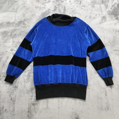 Vintage Como Sport Top Womens M Blue Black Color Block Velvet Velour Cowl Neck  - Image 1 of 4
