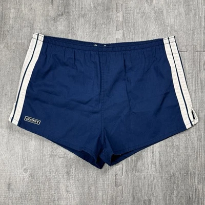 Bermuda de surf vintage anos 70 anos 80 masculina jóquei 3 listras 2" costura interna academia forrada azul marinho tamanho M EUA - Imagem 1 de 4