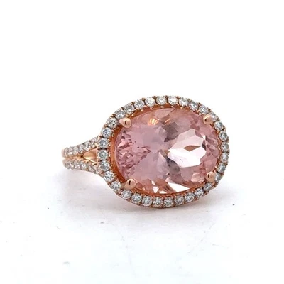 Estate 18K Rose Gold Oval Pink Tourmaline Diamond Halo Accents Cocktail Ring - Image 1 of 4