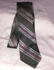 Vintage Rayon /Acetate Black Burgundy Silver Diagonal Stripe Skinny Tie - Picture 1 of 4