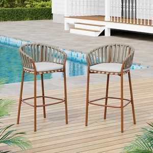 Outdoor Bar Stools with Cushioned Seats, Weather-Resistant Rope Design, Set of 2 - Picture 1 of 11