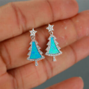 Fashion Blue Simulated Opal Silver Christmas Tree Stud Stone Earrings Jewelry Ne