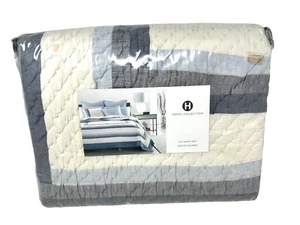 Hotel Collection Frame Pieced Embroidered Cotton Linen Quilt  FULL / QUEEN  Blue - Picture 1 of 7