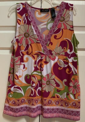 Axcess Women’s Sz L Tank Top Purple Orange Floral V Neck Sleeveless w/ Pockets - Image 1 of 4