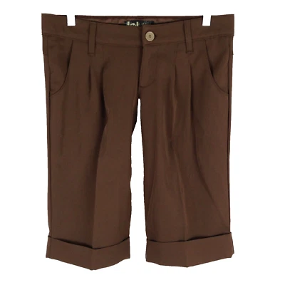 LEI womens skimmer shorts juniors 5 stretch solid brown pleated flap cuffed - Image 1 of 4