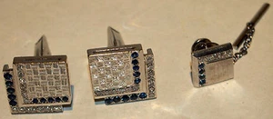 TIFFANY & CO 3 PC PLATINUM ,SAPPHIRE & DIAMOND CUFFLINKS 27.50G TIE TAC /BOX - Picture 1 of 12
