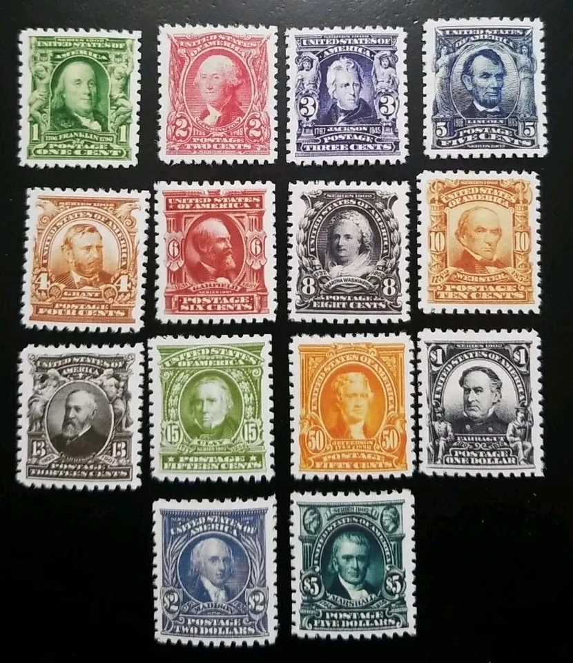 Conjunto de réplicas de estampillas de colección de emisión regular de estampillas SC# 300-313 1902-1903 de Estados Unidos Foto 1 de 2