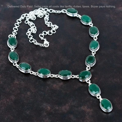 Faceted Zambian Emerald Necklace 925 Sterling Silver Adjustable Gemstone Necklac - Image 1 of 4