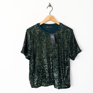 M&S Green Sequin T-Shirt Blouse Size 14 NEW Festive Party Xmas Short Sleeve Top - Picture 1 of 22
