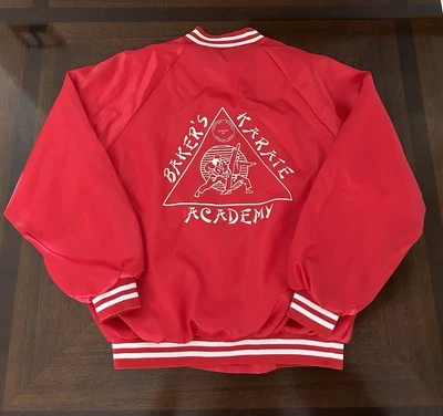 Vintage 80s Cardinal Brand Satin Bomber Jacket (Bakers Karate Academy) Red Sz XL - Image 1 of 4